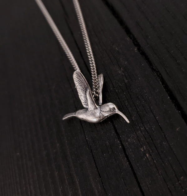 Hummingbird Charm Pendant Necklace - Solid Hand Cast 925 - Oxidized Polished Finish - Three dimensional Detail - Multiple Chain Lengths