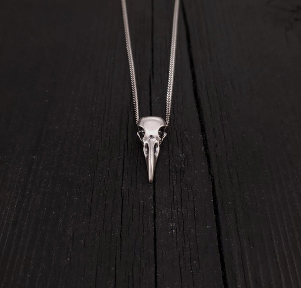 Raven Skull Necklace - Solid Cast 925 Sterling Silver - Polished Finish - Unisex Bird Skull Gift For Him or Her - Multiple Chain Options