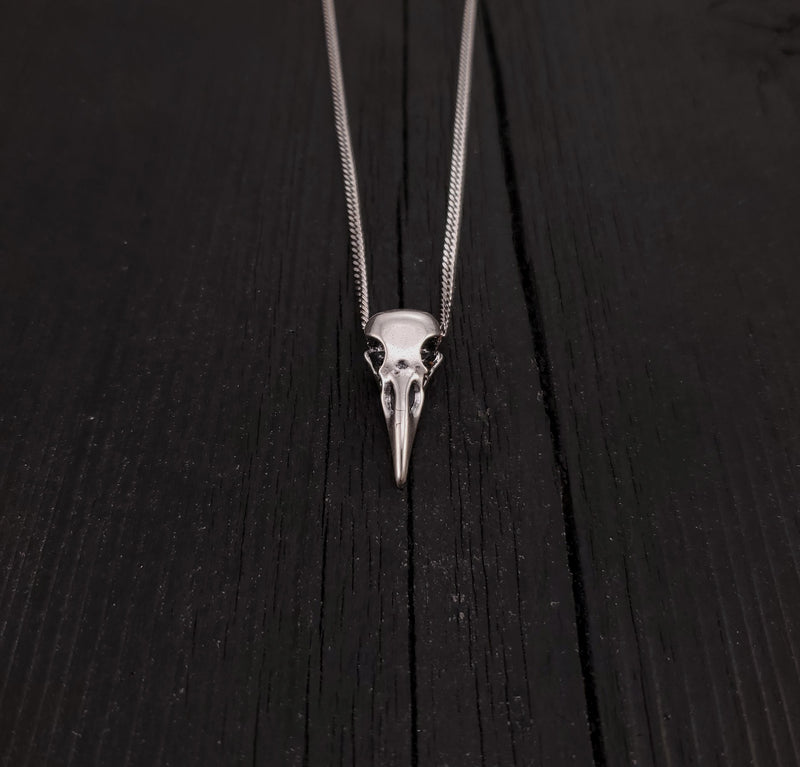 Raven Skull Necklace - Solid Cast 925 Sterling Silver - Polished Finish - Unisex Bird Skull Gift For Him or Her - Multiple Chain Options
