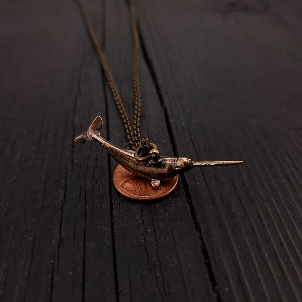 Narwhal Charm Pendant Necklace - Solid Hand Cast Bronze - Polished Finish - Arctic Unicorn of the Sea - Unisex Jewelry Gift for Him or Her