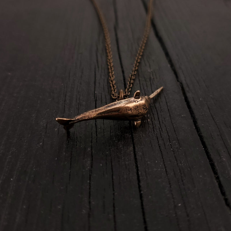 Narwhal Charm Pendant Necklace - Solid Hand Cast Bronze - Polished Finish - Arctic Unicorn of the Sea - Unisex Jewelry Gift for Him or Her
