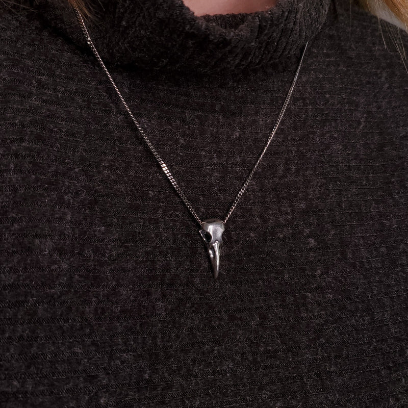 Raven Skull Necklace - Solid Cast 925 Sterling Silver - Polished Finish - Unisex Bird Skull Gift For Him or Her - Multiple Chain Options