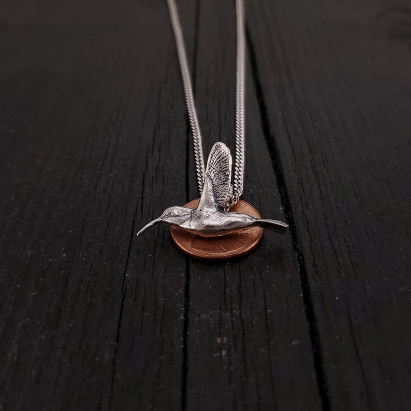 Hummingbird Charm Pendant Necklace - Solid Hand Cast 925 - Oxidized Polished Finish - Three dimensional Detail - Multiple Chain Lengths