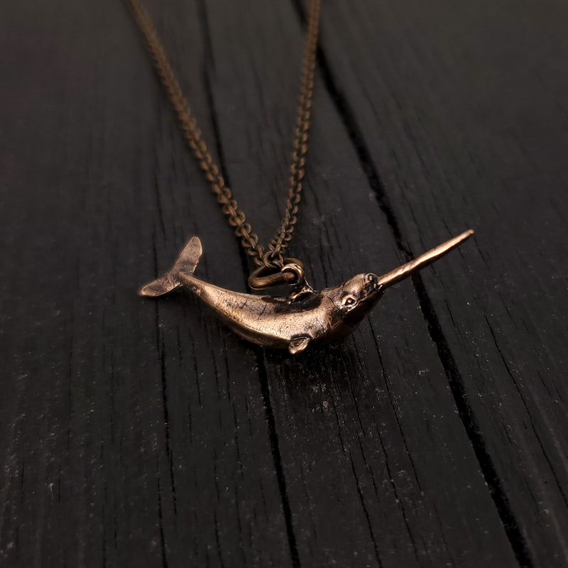 Narwhal Charm Pendant Necklace - Solid Hand Cast Bronze - Polished Finish - Arctic Unicorn of the Sea - Unisex Jewelry Gift for Him or Her