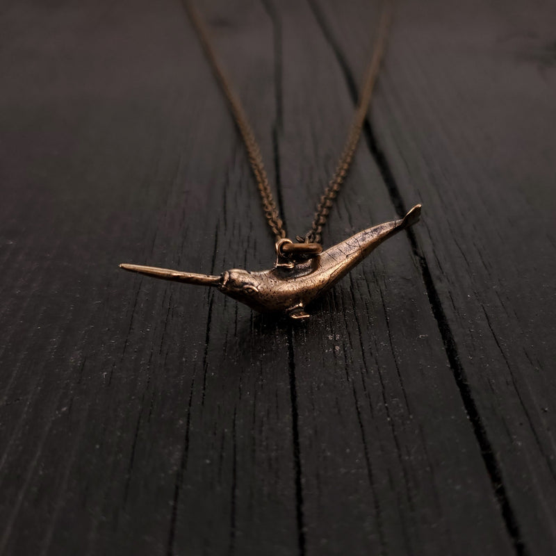 Narwhal Charm Pendant Necklace - Solid Hand Cast Bronze - Polished Finish - Arctic Unicorn of the Sea - Unisex Jewelry Gift for Him or Her