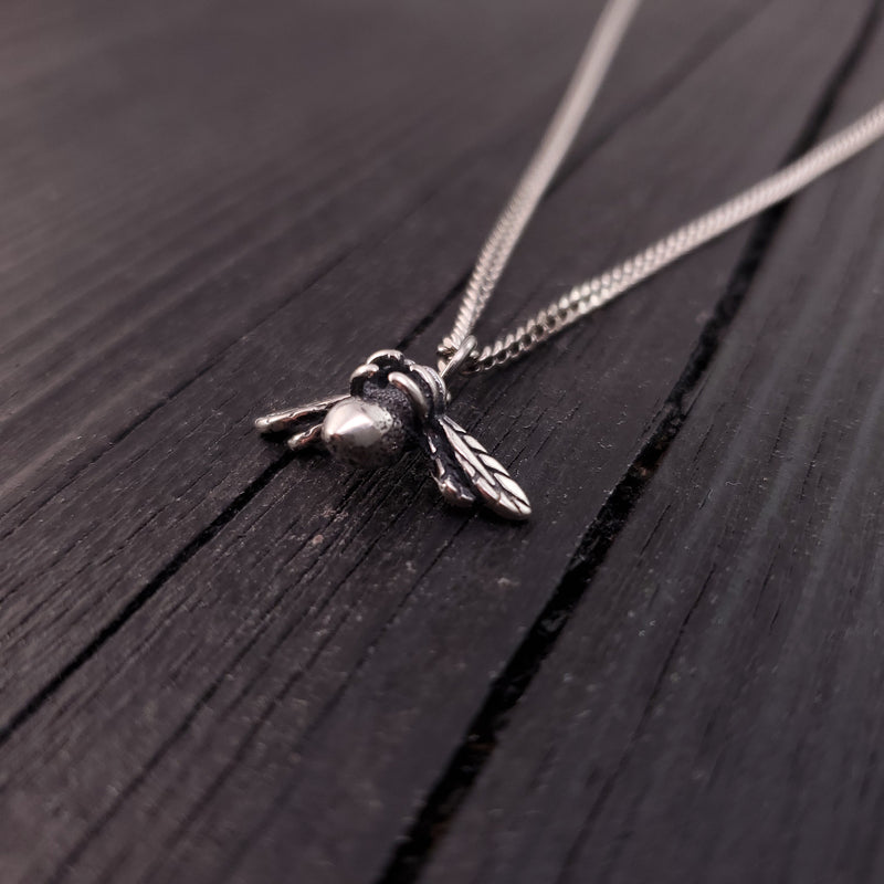 Tiny Honey Bee Charm Necklace - Solid Hand Cast 925 Sterling Silver - Completely Three Dimensional  Jewelry Gift for Her