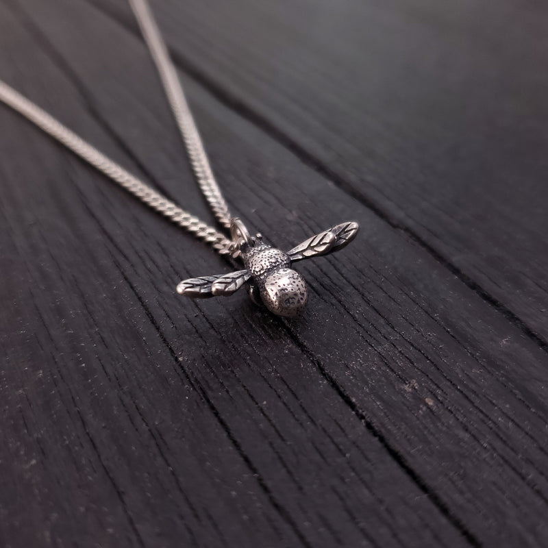 Tiny Honey Bee Charm Necklace - Solid Hand Cast 925 Sterling Silver - Completely Three Dimensional  Jewelry Gift for Her