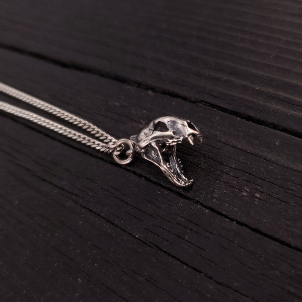 Cat Skull Pendant Necklace - Solid Hand Cast 925 Sterling Silver - Fully Articulated Jaw - Domestic House Cat Jewelry Gift