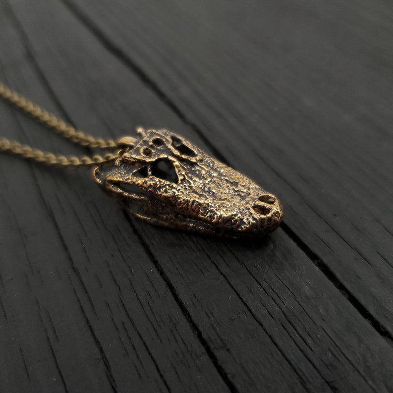 American Alligator Skull Pendant Necklace - Solid Hand Cast Jewelers Bronze - Polished Oxidised Finish - Multiple Chain Lengths Available