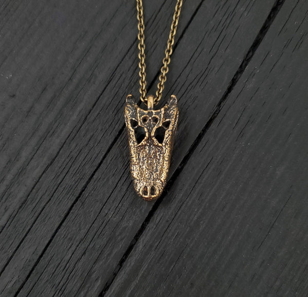 American Alligator Skull Pendant Necklace - Solid Hand Cast Jewelers Bronze - Polished Oxidised Finish - Multiple Chain Lengths Available