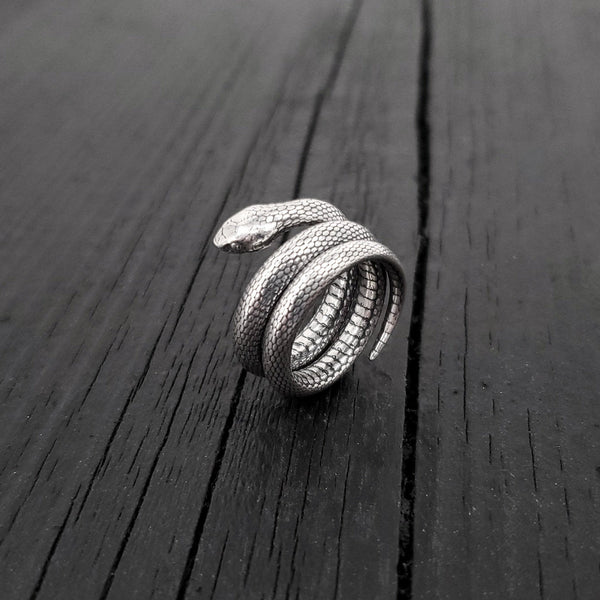 Colubrid Snake Wrap Ring - Solid Hand Cast 925 Sterling Silver - Oxidised Polished Finish - Sizes 4 to 11