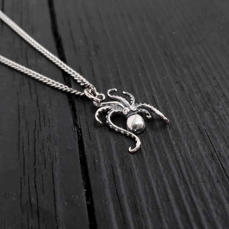 Tiny Octopus Charm Pendant Necklace - Solid Hand Cast 925 Sterling Silver - Polished Oxidised Finish - Multiple Chain Lengths - Unisex Gift