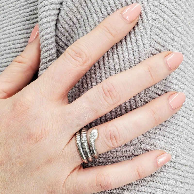 Colubrid Snake Wrap Ring - Solid Hand Cast 925 Sterling Silver - Oxidised Polished Finish - Sizes 4 to 11
