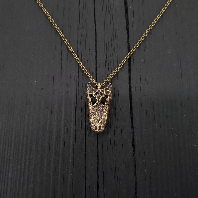 American Alligator Skull Pendant Necklace - Solid Hand Cast Jewelers Bronze - Polished Oxidised Finish - Multiple Chain Lengths Available