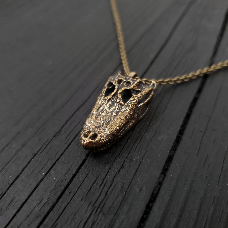 American Alligator Skull Pendant Necklace - Solid Hand Cast Jewelers Bronze - Polished Oxidised Finish - Multiple Chain Lengths Available