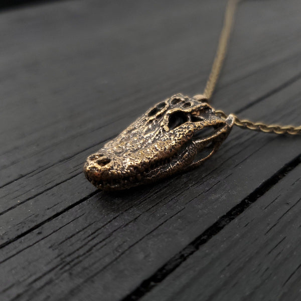 American Alligator Skull Pendant Necklace - Solid Hand Cast Jewelers Bronze - Polished Oxidised Finish - Multiple Chain Lengths Available