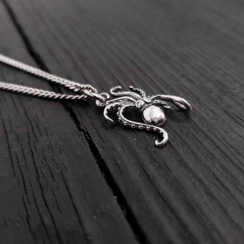 Tiny Octopus Charm Pendant Necklace - Solid Hand Cast 925 Sterling Silver - Polished Oxidised Finish - Multiple Chain Lengths - Unisex Gift