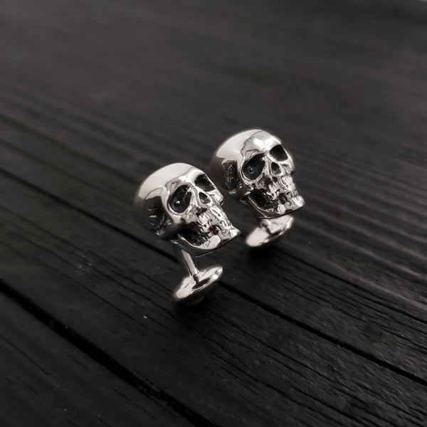 Human Skull Cufflinks - Solid Hand Cast 925 Sterling Silver - Polished Oxidized Finish - Unisex Suit Accessory Gift for Him or Her