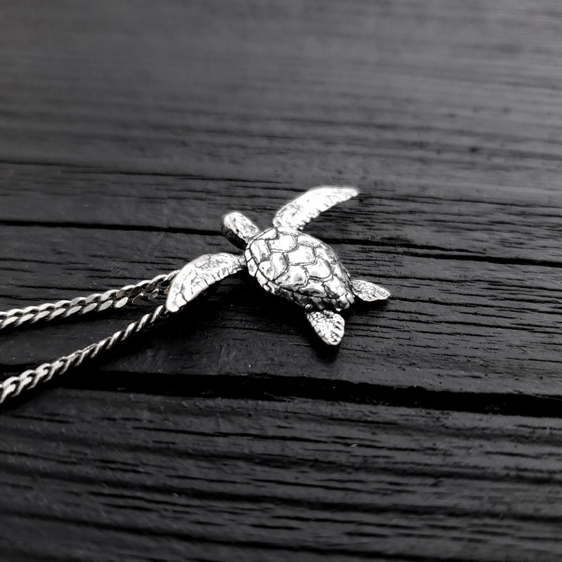 Sea Turtle Charm Pendant Necklace - Solid Cast 925 Sterling Silver - Polished Oxidized Finish - Multiple Chain Lengths - Unisex Turtle Gift