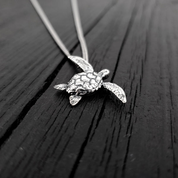 Sea Turtle Charm Pendant Necklace - Solid Cast 925 Sterling Silver - Polished Oxidized Finish - Multiple Chain Lengths - Unisex Turtle Gift
