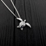 Sea Turtle Charm Pendant Necklace - Solid Cast 925 Sterling Silver - Polished Oxidized Finish - Multiple Chain Lengths - Unisex Turtle Gift