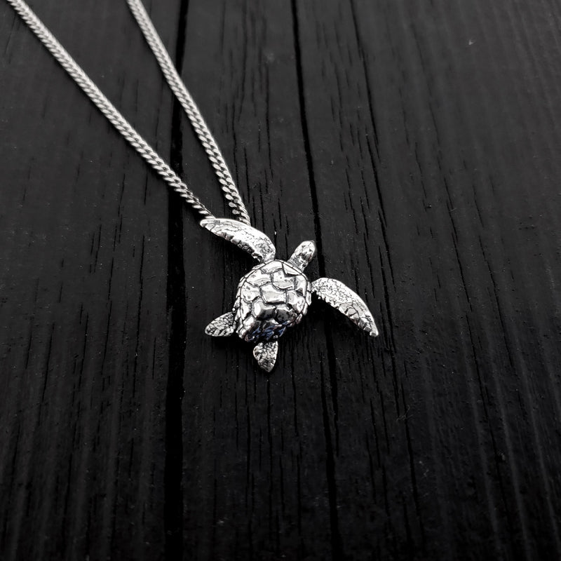 Sea Turtle Charm Pendant Necklace - Solid Cast 925 Sterling Silver - Polished Oxidized Finish - Multiple Chain Lengths - Unisex Turtle Gift