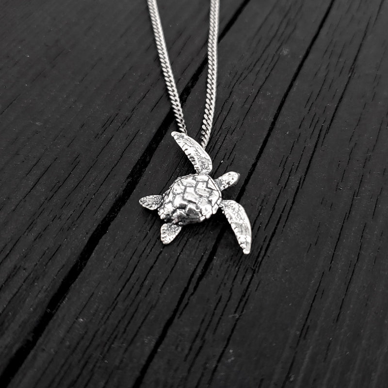Sea Turtle Charm Pendant Necklace - Solid Cast 925 Sterling Silver - Polished Oxidized Finish - Multiple Chain Lengths - Unisex Turtle Gift