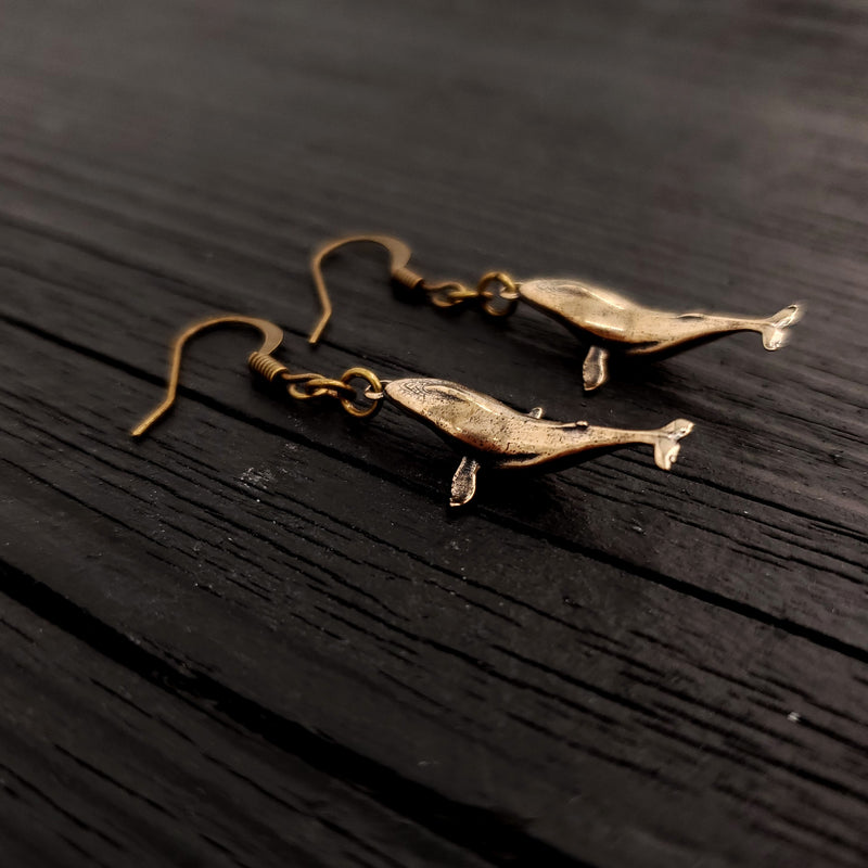 Breaching Humpback Whale Earrings - Solid Hand Cast Bronze - Polished Finish - Jewelry Gift for or Her