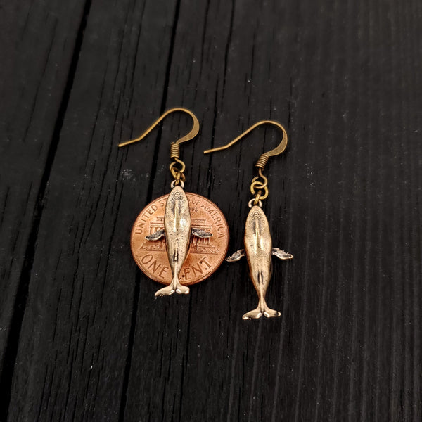 Breaching Humpback Whale Earrings - Solid Hand Cast Bronze - Polished Finish - Jewelry Gift for or Her