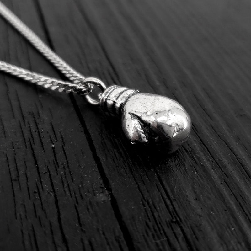 Boxing Glove Charm Pendant Necklace - Solid Cast 925 Sterling Silver - Polished Oxidized Finish - Multiple Chain Lengths Available