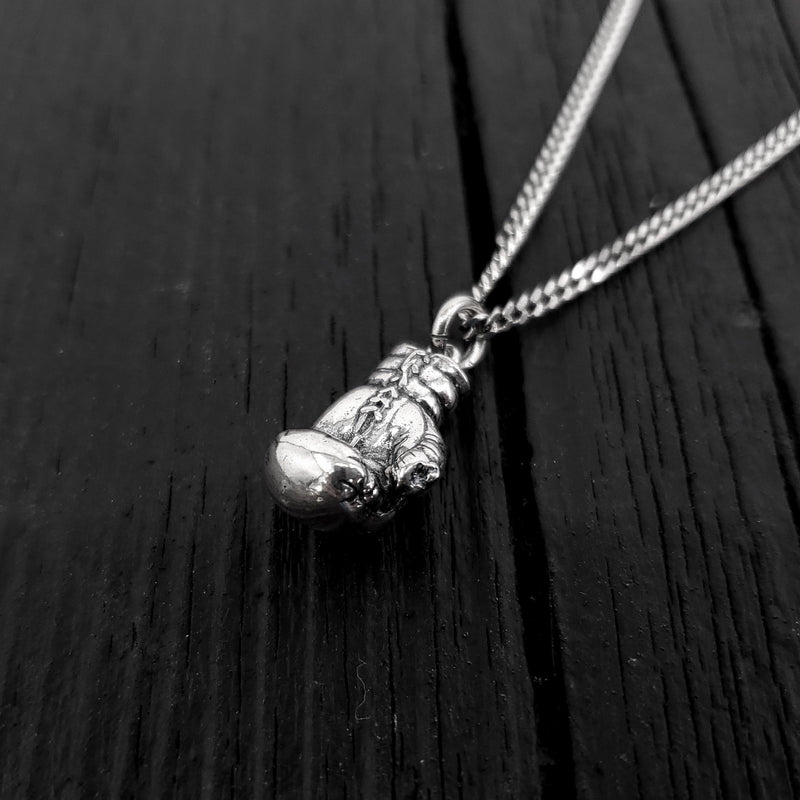 Boxing Glove Charm Pendant Necklace - Solid Cast 925 Sterling Silver - Polished Oxidized Finish - Multiple Chain Lengths Available