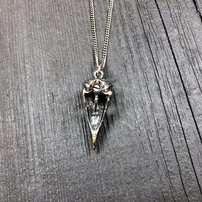 Antique Silver Crow Skull Cremation Urn Pendant Necklace - Solid Hand Cast Anatomically Correct Bird Skull Memorial Keepsake