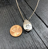 Cat Paw Print Tear Drop Cremation Ash Urn Necklace - Sterling Silver on Stainless Steel - Custom Engraved Personalised Mourning Pet Urn