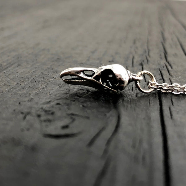 Tiny Sterling Silver Raven Skull Charm Necklace- Solid Hand Cast 925 Sterling Silver - Unique Nature Gift For Her