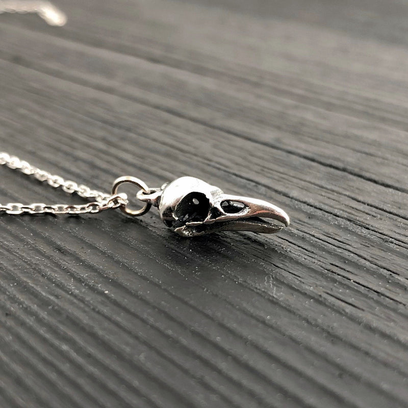Tiny Sterling Silver Raven Skull Charm Necklace- Solid Hand Cast 925 Sterling Silver - Unique Nature Gift For Her