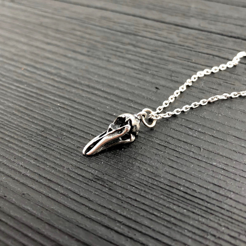 Tiny Sterling Silver Raven Skull Charm Necklace- Solid Hand Cast 925 Sterling Silver - Unique Nature Gift For Her