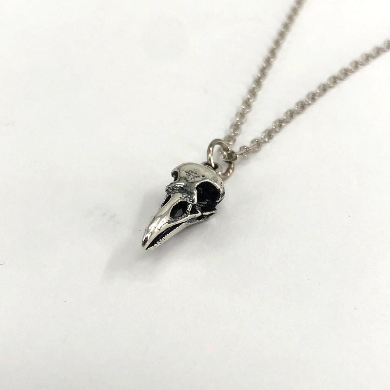 Tiny Sterling Silver Raven Skull Charm Necklace- Solid Hand Cast 925 Sterling Silver - Unique Nature Gift For Her