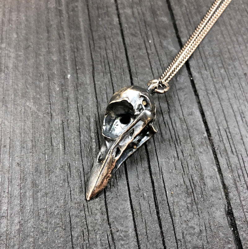 Antique Silver Crow Skull Cremation Urn Pendant Necklace - Solid Hand Cast Anatomically Correct Bird Skull Memorial Keepsake