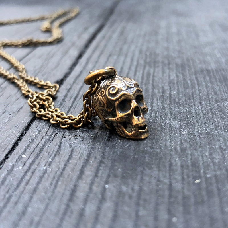 Ornate Human Skull Charm Pendant Necklace - Solid Hand Cast Bronze - Polished Oxidised Finish