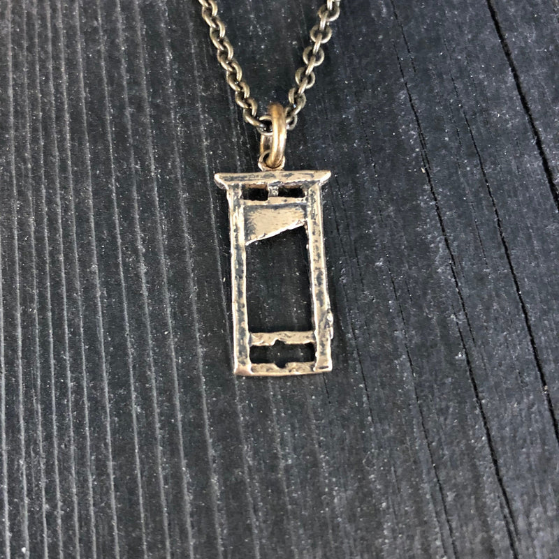 Small Guillotine Charm Pendant Necklace - Solid Hand Cast Bronze - Polished Oxidized Finish - Three Dimensional Detail