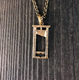 Small Guillotine Charm Pendant Necklace - Solid Hand Cast Bronze - Polished Oxidized Finish - Three Dimensional Detail