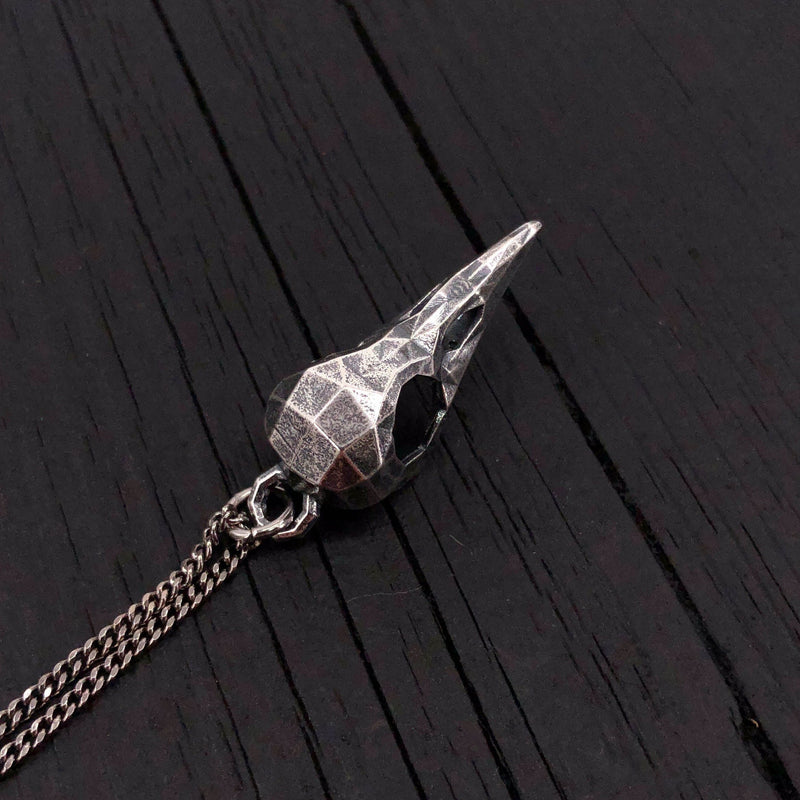 Faceted Raven Skull Necklace - Solid Hand Cast Silver Plated Bronze - Three Dimensional Detail Bird Skull - Multiple Chain Lengths