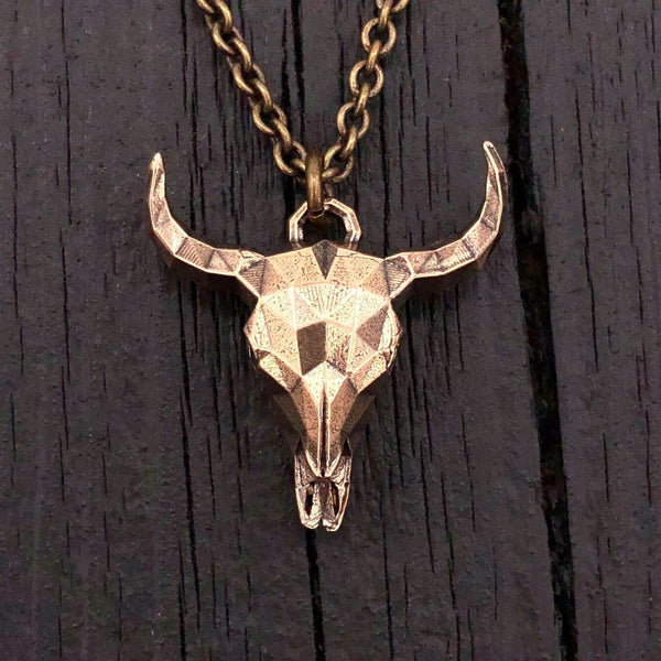 Faceted Steer Skull Necklace in Solid Bronze - Bull Skull - Unique Cow Skull Jewelry