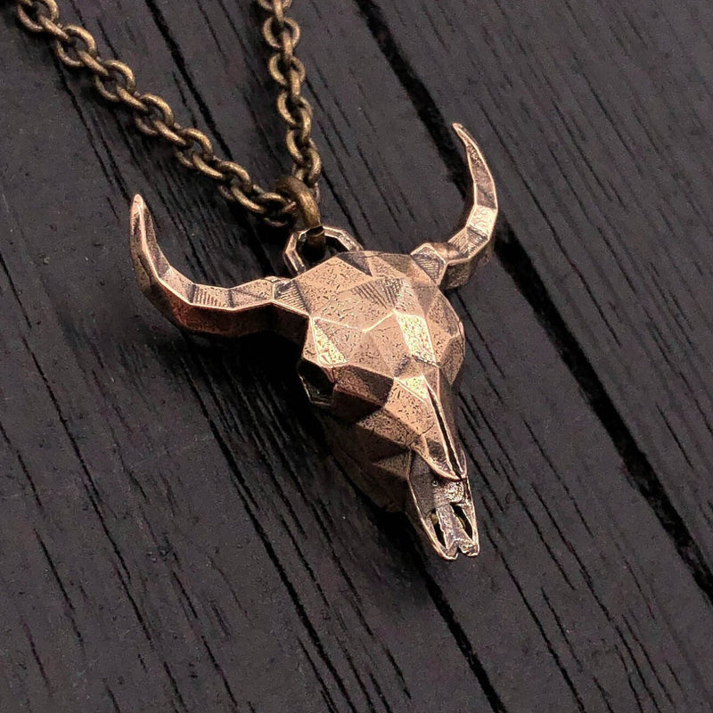 Faceted Steer Skull Necklace in Solid Bronze - Bull Skull - Unique Cow Skull Jewelry