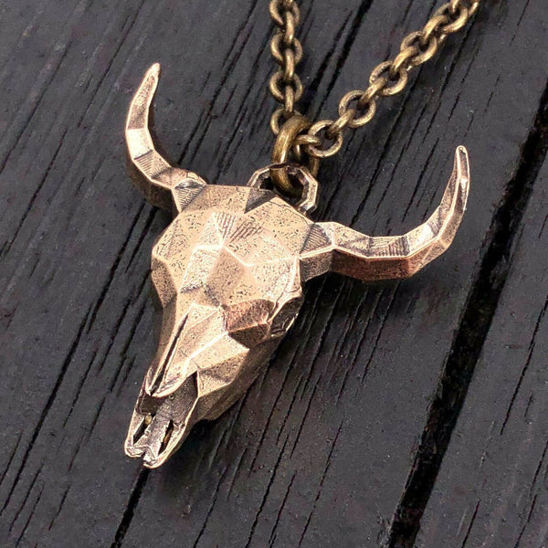 Faceted Steer Skull Necklace in Solid Bronze - Bull Skull - Unique Cow Skull Jewelry