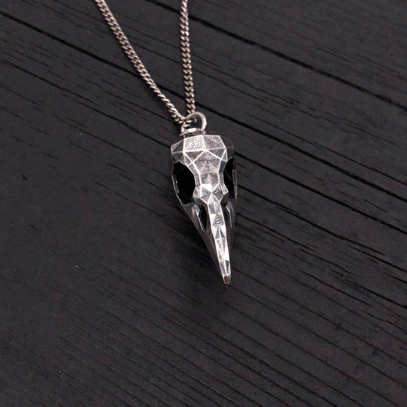 Faceted Raven Skull Necklace - Solid Hand Cast Silver Plated Bronze - Three Dimensional Detail Bird Skull - Multiple Chain Lengths