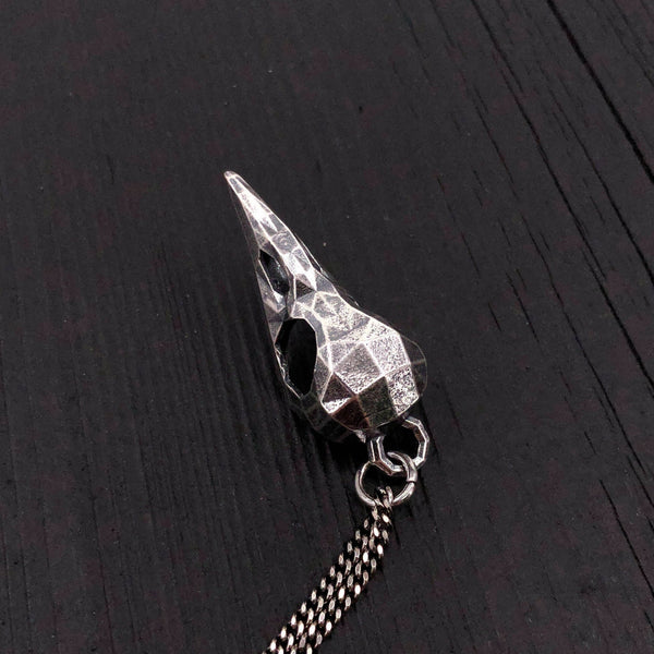 Faceted Raven Skull Necklace - Solid Hand Cast Silver Plated Bronze - Three Dimensional Detail Bird Skull - Multiple Chain Lengths