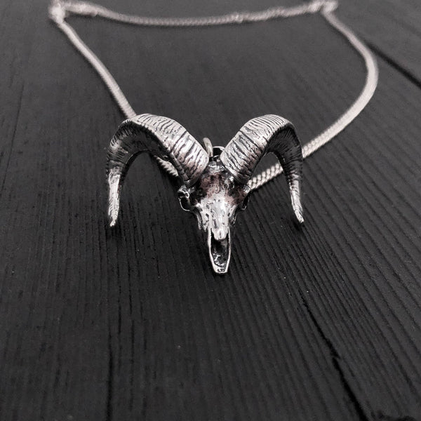 Bighorn Ram Skull Pendant Necklace - Solid Hand Cast Sterling Silver - Aries Sign Unisex Gift for Him or Her - Big Horn Sheep jewelry