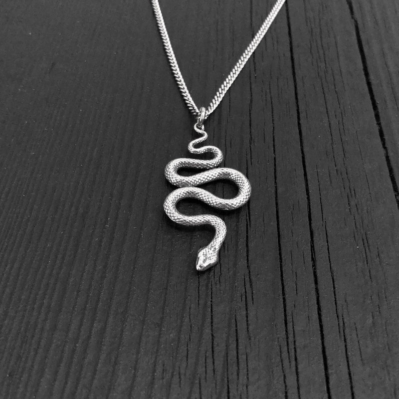 Viper Snake Pendant Necklace - Solid Hand Cast Sterling Silver - Polished Oxidized Finish - Multiple Chain Lengths - Serpent Jewelry