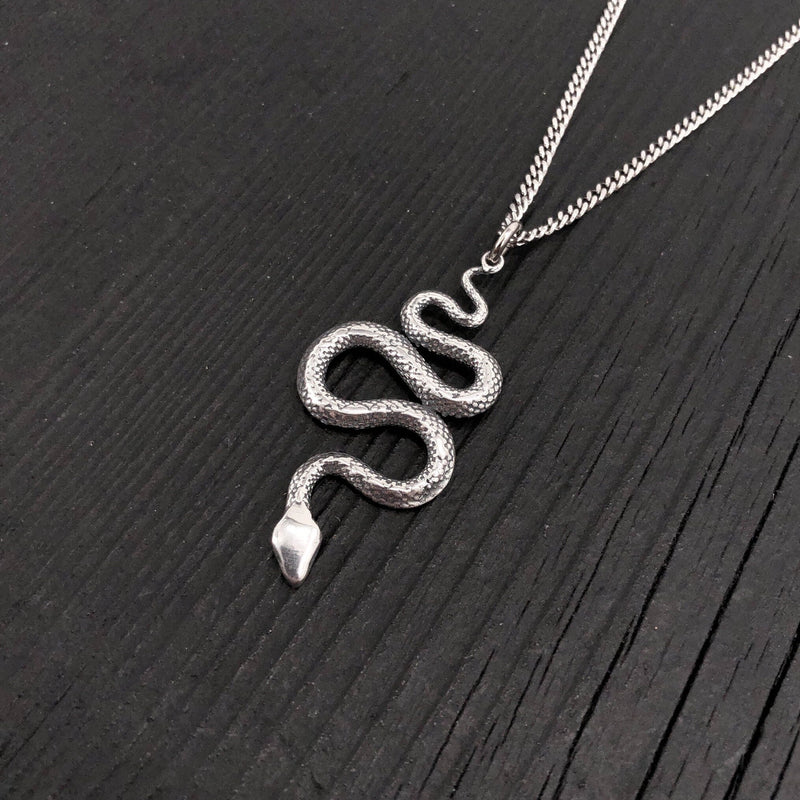 Viper Snake Pendant Necklace - Solid Hand Cast Sterling Silver - Polished Oxidized Finish - Multiple Chain Lengths - Serpent Jewelry